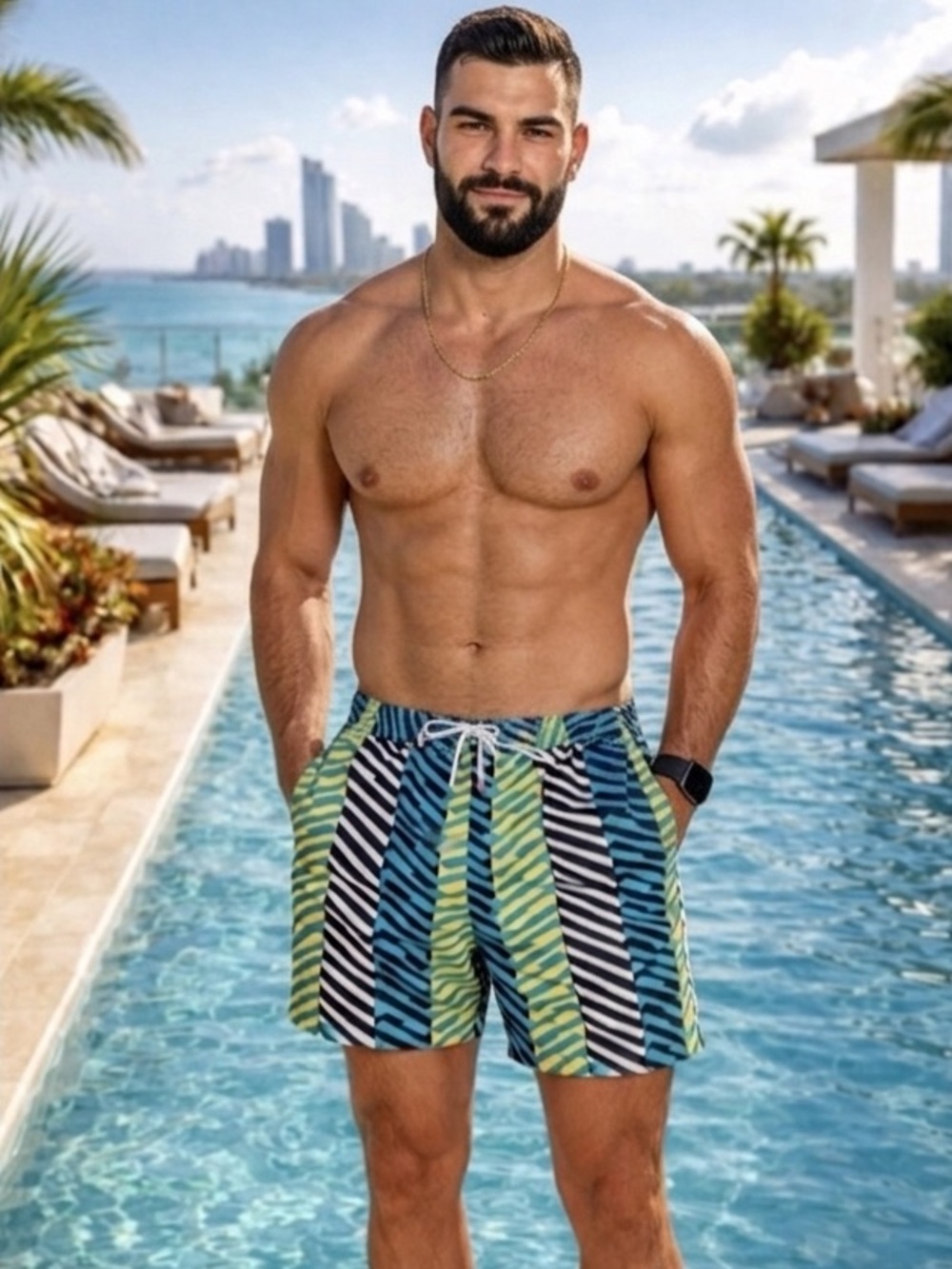 MR TURK Men’s Turquoise & Yellow Swim Trunks